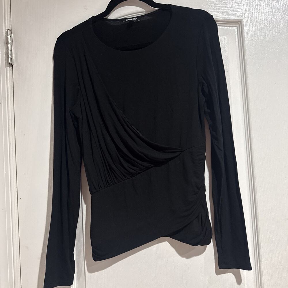 Express Faux Wrap Top Womens Medium Black Long Sleeve Pullover Stretch Casual